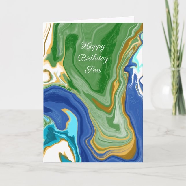 Blå och Grönt Faux Marble Personlig Birthday Kort (Framsida)