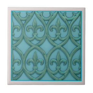 Blå och Grönt Fleur-de-lis Kakelplatta