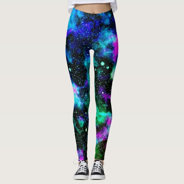 Blå och Grönt Galaxy Neon Yoga Leggings (Framsida)