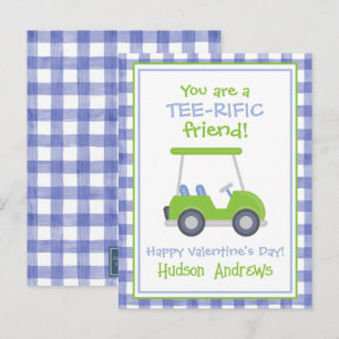 Blå och Grönt Gingham Golf Cart Valentines kort
