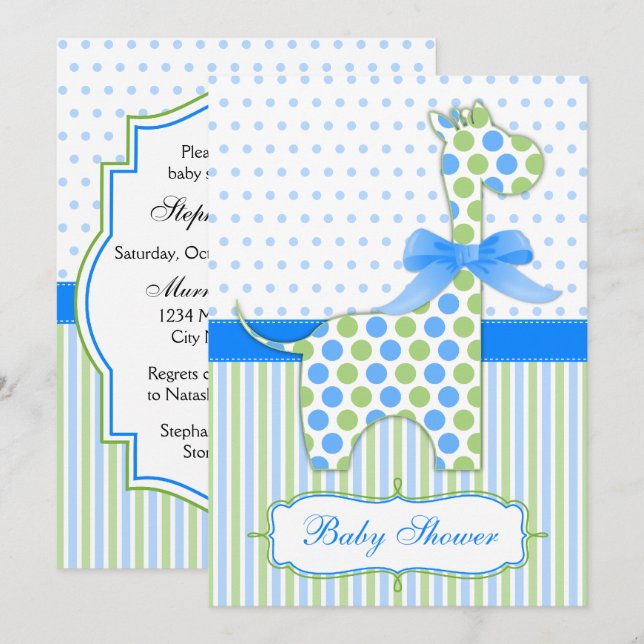 Blå och Grönt Giraffe Baby Shower Inbjudningar (Fram/baksida)