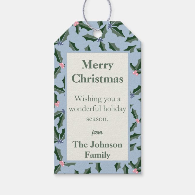 Blå och Grönt Holly Helgdag Presentetikett (Framsidan)