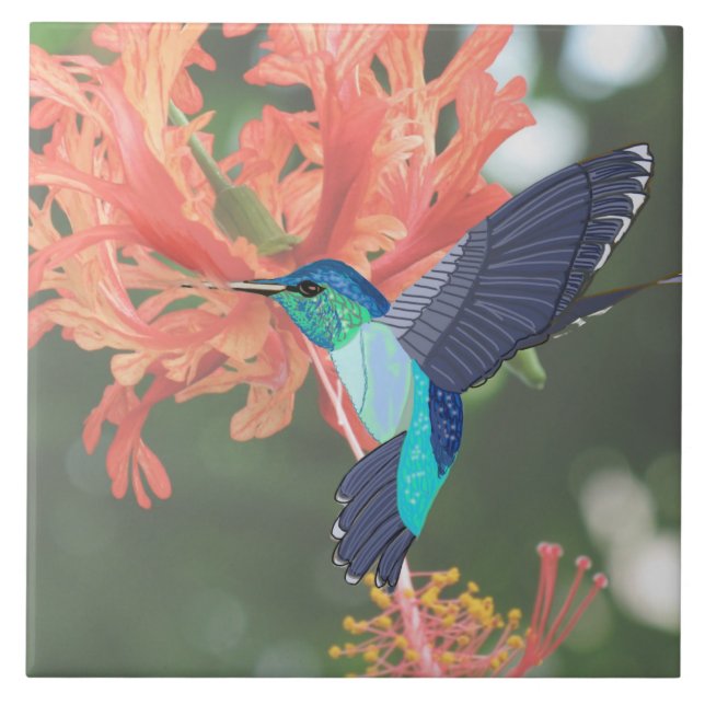 Blå och Grönt Hummingbird och Orange Hibiscus Kakelplatta (Framsidan)