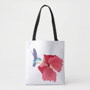 Blå och Grönt Hummingbird och röd Hibiscus  Tygkasse