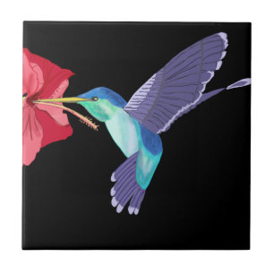Blå och Grönt Hummingbird och Röda Hibiscus Kakelplatta