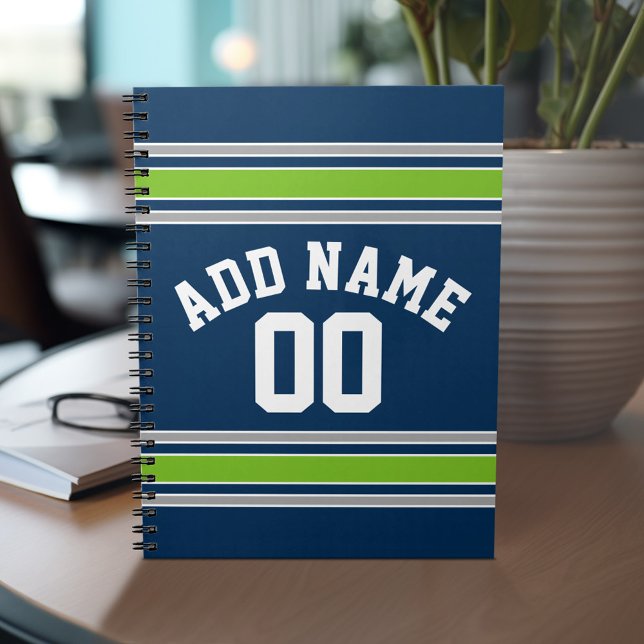 Blå och Grönt Iports Jersey-nummer Anteckningsbok (Personalized notebook with Sports Jersey Football Design - Custom Name and Other Text)