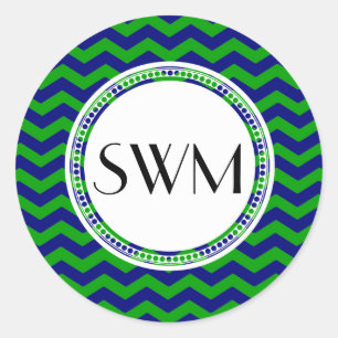 Blå och Grönt Monogram Chevron-Personlig Runt Klistermärke