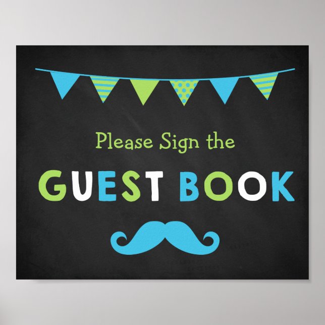 Blå och Grönt Mustache Chalkboard Guest Bok Poster (Framsidan)