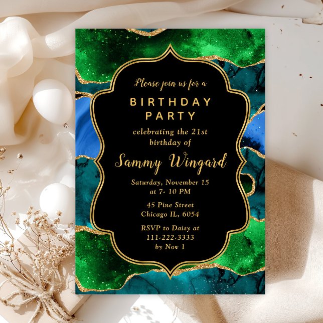 Blå och Grönt Peacock Agate Birthday Inbjudningar (Skapare uppladdad)