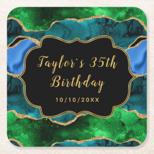 Blå och Grönt Peacock Agate Birthday Underlägg Papper Kvadrat