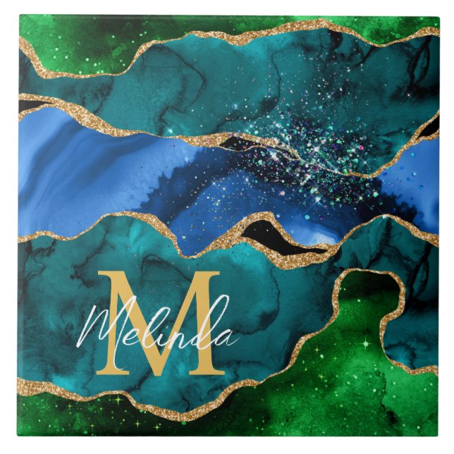 Blå och Grönt Peacock Faux Glitter Agate Kakelplatta (Framsidan)