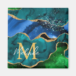 Blå och Grönt Peacock Faux Glitter Agate Magnet