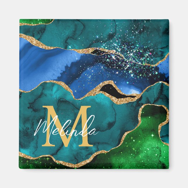 Blå och Grönt Peacock Faux Glitter Agate Magnet (Framsidan)