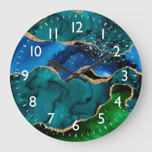 Blå och Grönt Peacock Faux Glitter Agate Stor Klocka