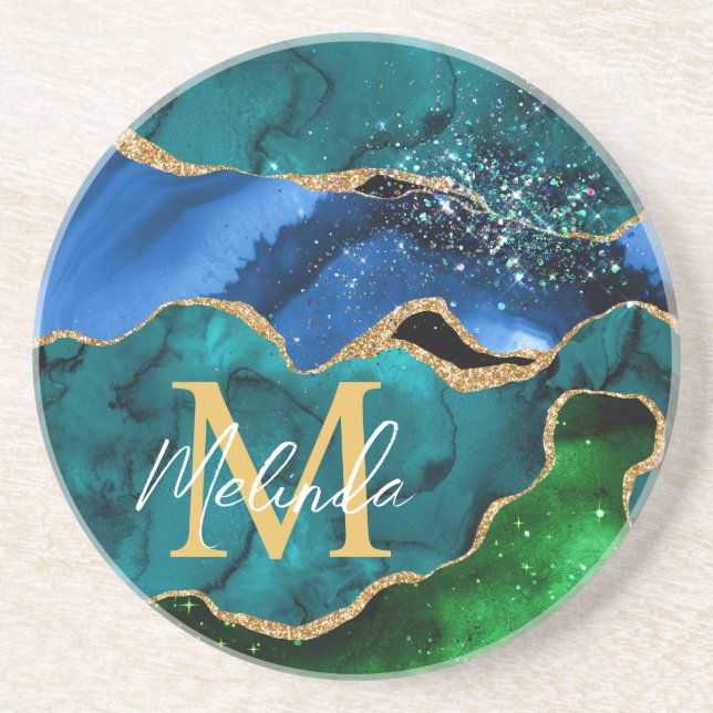 Blå och Grönt Peacock Faux Glitter Agate Underlägg (Framsidan)