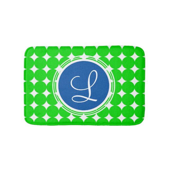 Blå och Grönt-polka-punktmonogram Badrumsmatta (Framsidan)