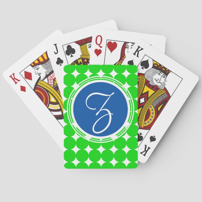 Blå och Grönt-polka-punktmonogram Casinokort (Baksidan)
