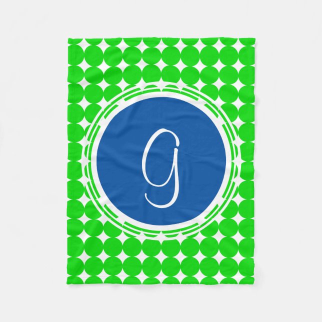 Blå och Grönt-polka-punktmonogram Fleecefilt (Framsidan)