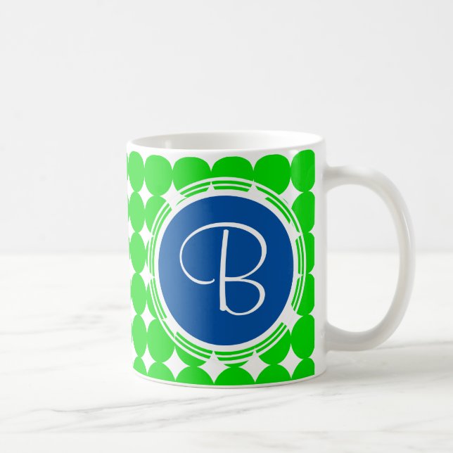 Blå och Grönt-polka-punktmonogram Kaffemugg (Höger)