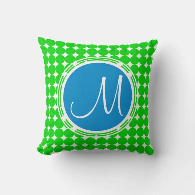 Blå och Grönt-polka-punktmonogram Kudde (Framsida)