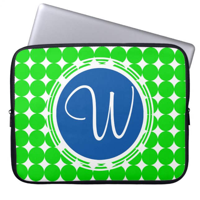 Blå och Grönt-polka-punktmonogram Laptop Fodral (Framsidan)