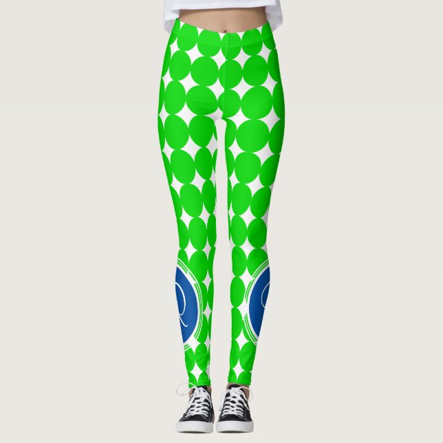 Blå och Grönt-polka-punktmonogram Leggings (Framsida)
