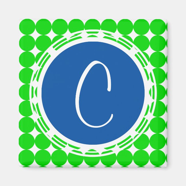 Blå och Grönt-polka-punktmonogram Magnet (Framsidan)
