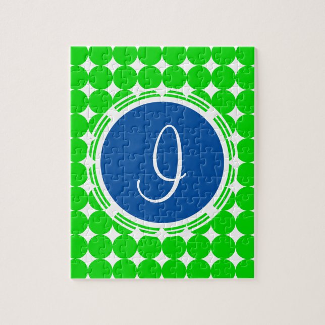 Blå och Grönt-polka-punktmonogram Pussel (Vertikal)