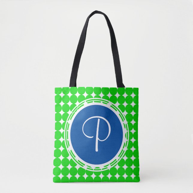 Blå och Grönt-polka-punktmonogram Tygkasse (Framsida)