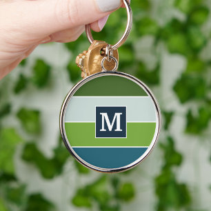 Blå och grönt rand med Monogram Rund Silverfärgad Nyckelring