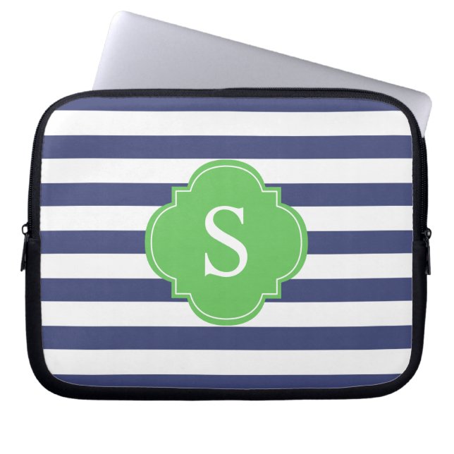 Blå och Grönt Rand Monogram Laptop Fodral (Framsidan)