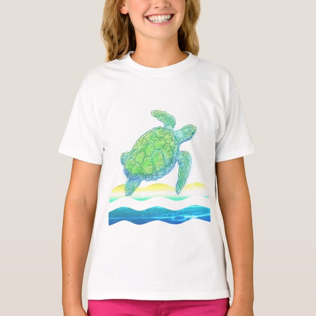 Blå och Grönt Sea Turtle T Shirt (Framsida)