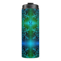 Blå och Grönt Snöflake Monogram Thermal Tumbler