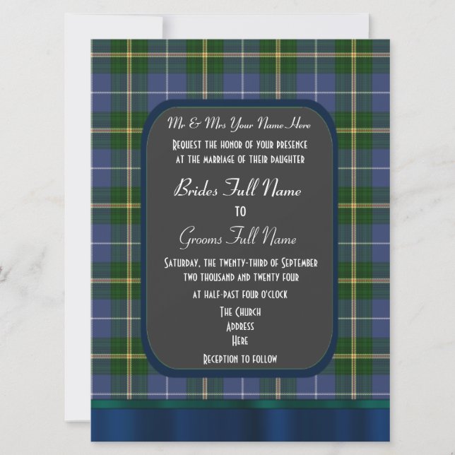 Blå och grönt tartan plaid bröllop inbjudningar (Framsida)