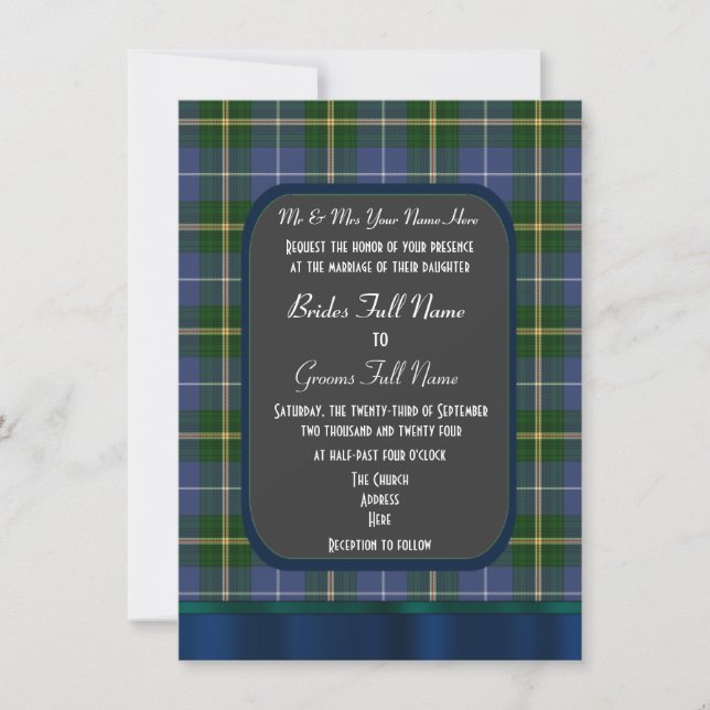 Blå och grönt tartan plaid bröllop inbjudningar (Framsida)