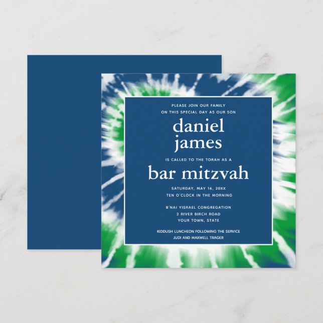 Blå och Grönt Tie Dye Pub Mitzvah Square Inbjudningar (Fram/baksida)