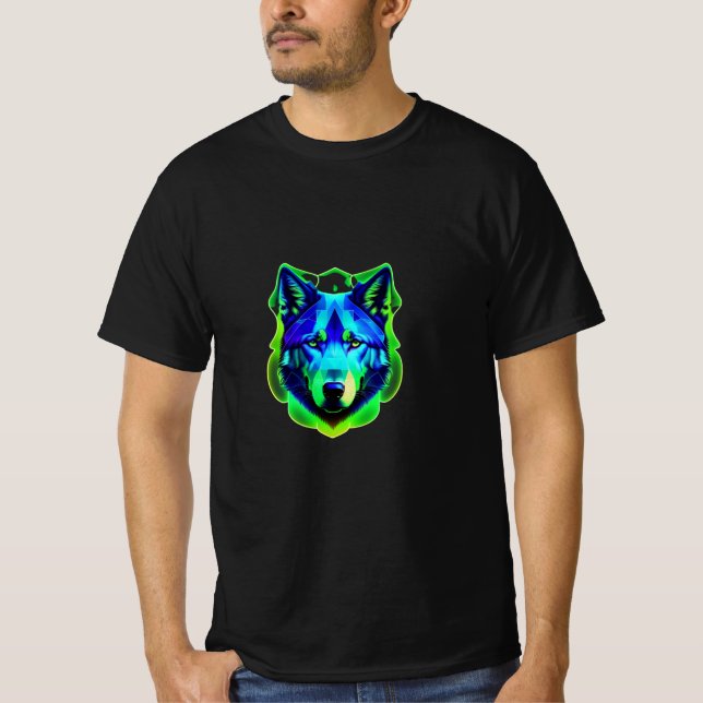 Blå och grönt varg ansikte T-Shirt (Framsida)