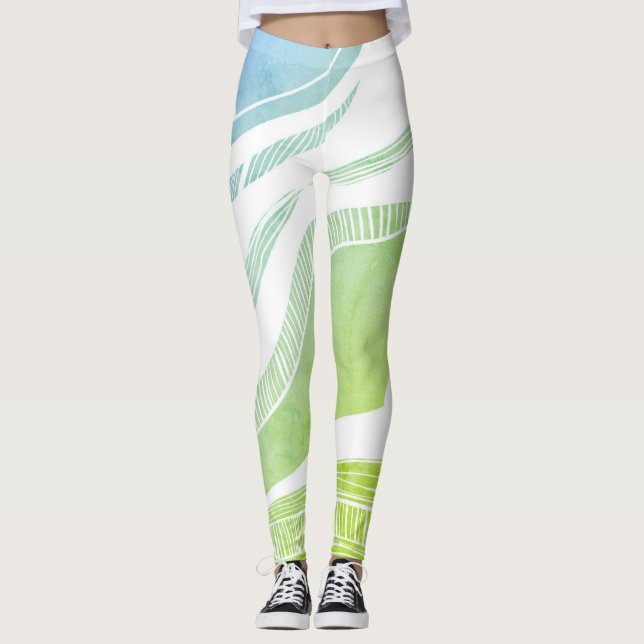 Blå och Grönt Wave Mönster Leggings (Framsida)