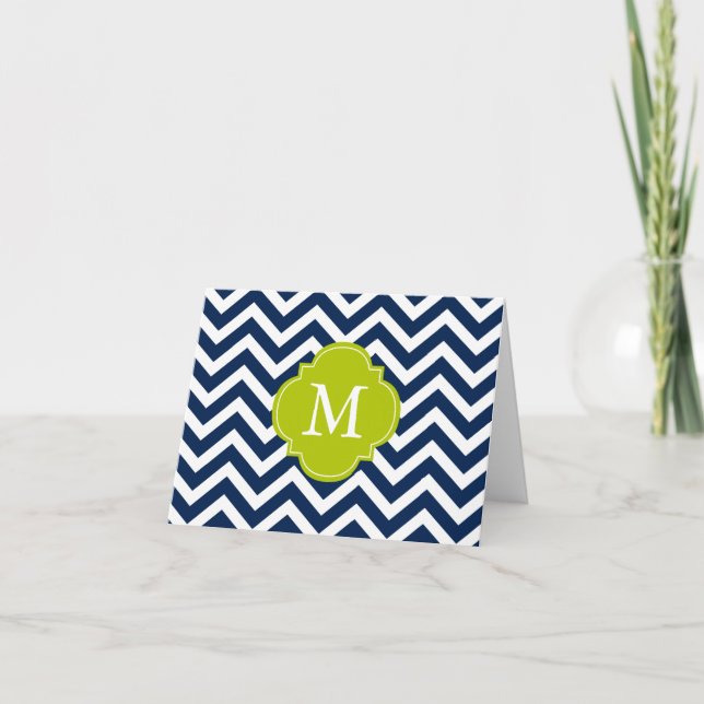 Blå och Grönt Zigzags Mönster Monogram Anteckningskort (Framsida)