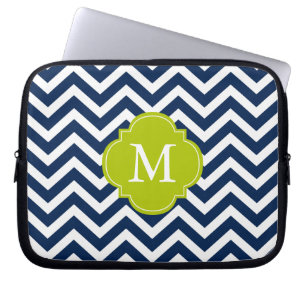 Blå och Grönt Zigzags Mönster Monogram Laptop Fodral