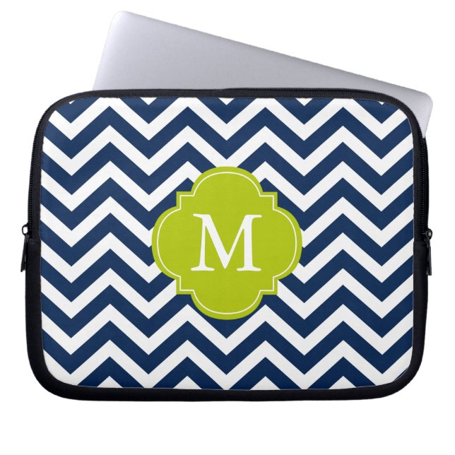 Blå och Grönt Zigzags Mönster Monogram Laptop Fodral (Framsidan)