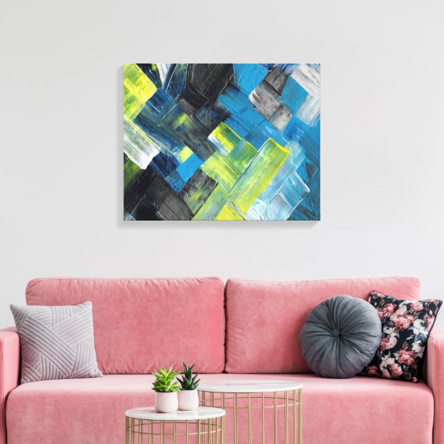 Blå och gul abstrakt geometrisk penseldrag canvastryck (Insitu (Vardagsrum))
