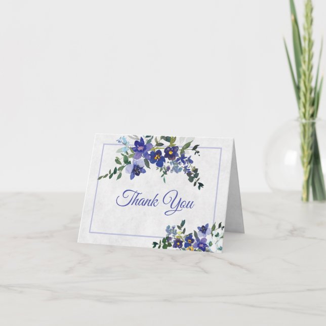 Blå och gul akvarell blomsterbröllop tack y kort (Framsida)