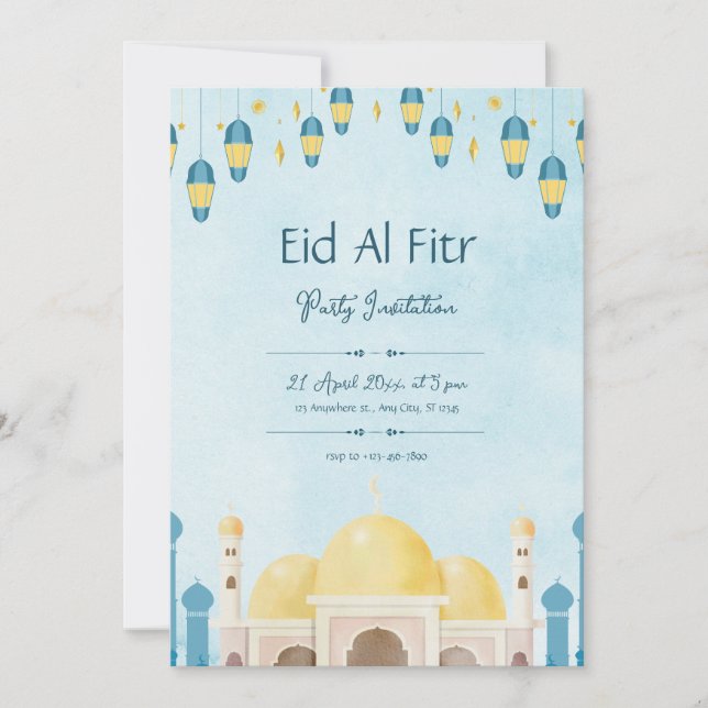 Blå och gul akvarell Eid-fest Inbjudningar (Framsida)