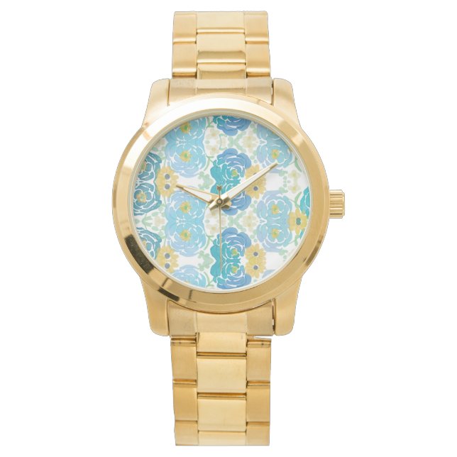 Blå och gul akvarellblomma armbandsur (Framsida)