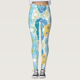Blå och gul akvarellblomma leggings
