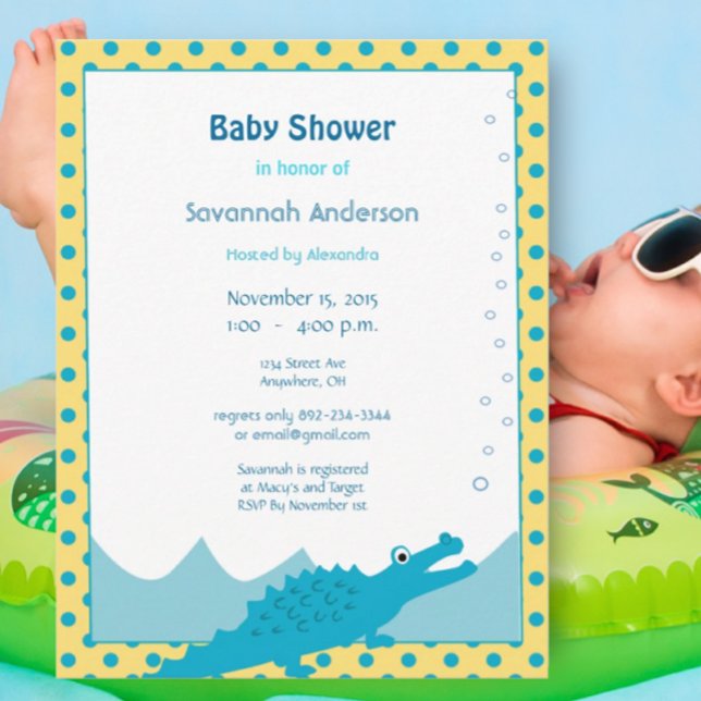 Blå och gul alligator baby pojke shower inbjudningar (Skapare uppladdad)