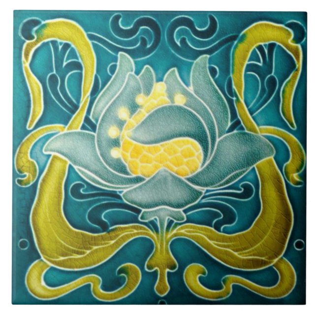 Blå och gul Art Nouveau-väggplatta Kakelplatta (Framsidan)