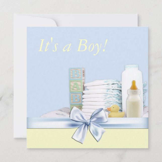 Blå och gul babyboy-babyfest inbjudningar (Framsida)
