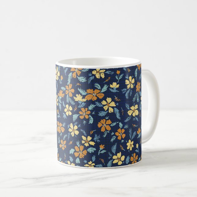 Blå och gul blomkrukskopp kaffemugg (Framsida höger)